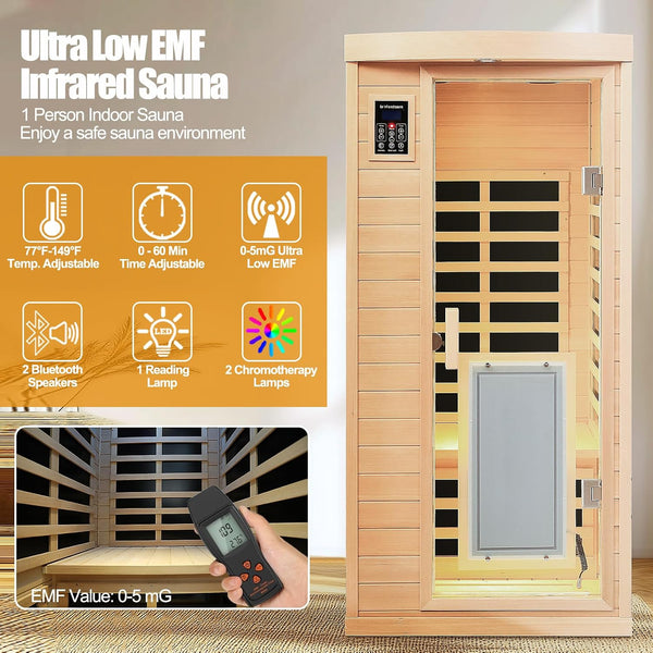 1 Person Infrared Sauna Built for Daily Recovery, 8 Far Infrared Panels, Ultra Low EMF 0-5mG, Canadian Hemlock